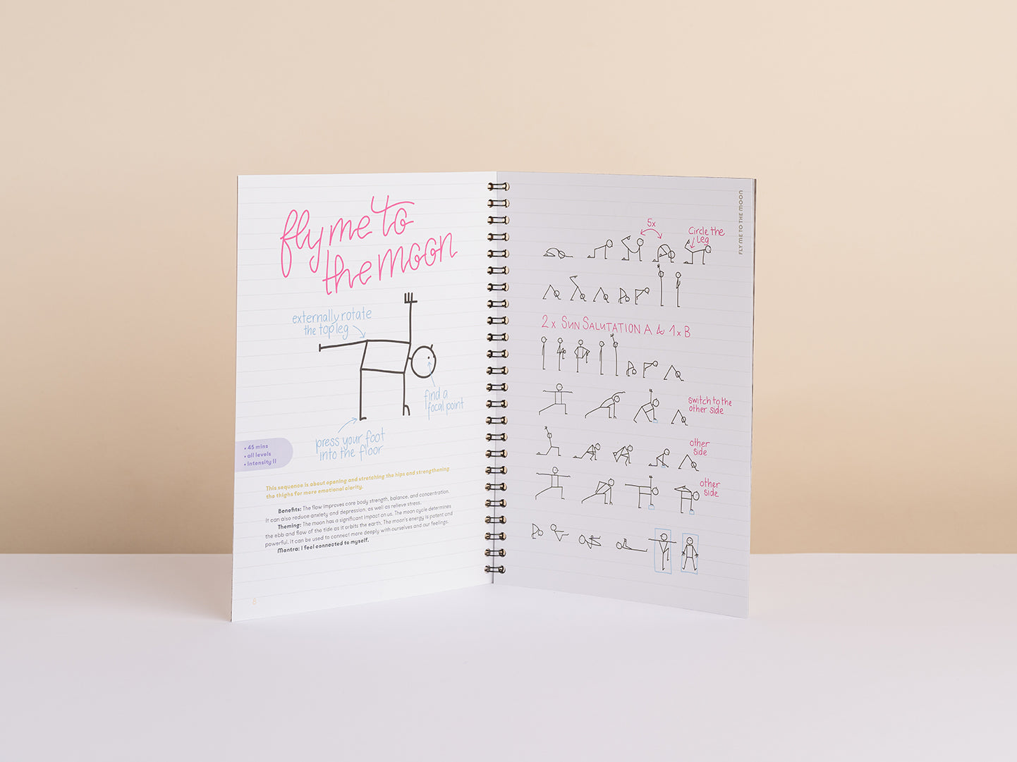 Hand-drawn yoga stick figure flow from the Stick Figure Booklet with mantra and theme